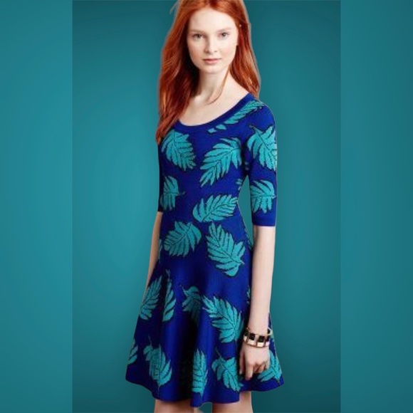 Anthropologie Dresses & Skirts - Anthropologie Blue and Green Leaf Fit and Flare Mini Dress